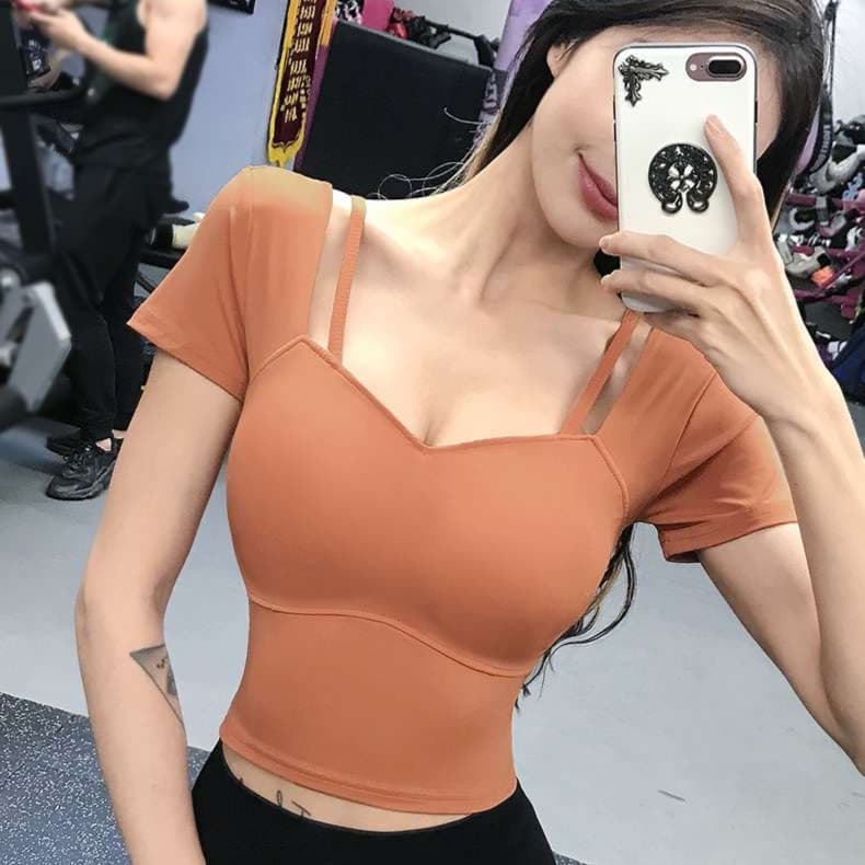 ヨガウェア フィットネス用スクエアネックトップス