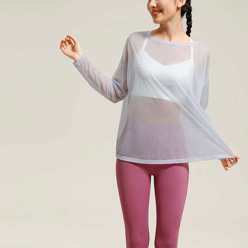 ヨガウェア シースルーメッシュ長袖ヨガトップス