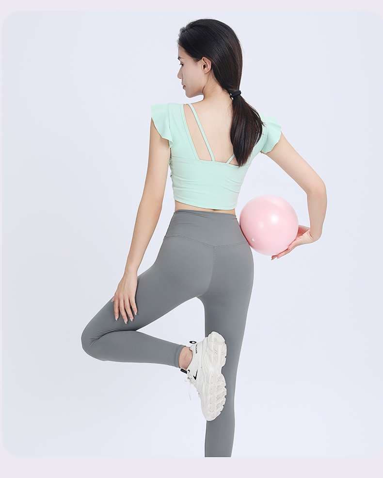 ヨガウェア フリル袖クロスデザインクロップトップ