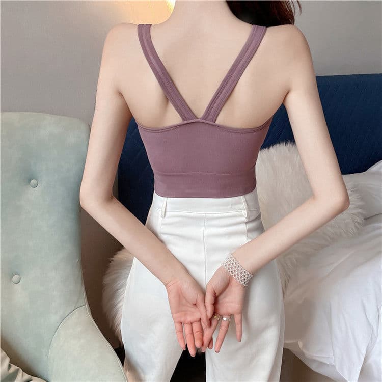 ヨガウェア タンクトップ ノンワイヤーブラカップタンクトップ フリル付きソフトブラトップ