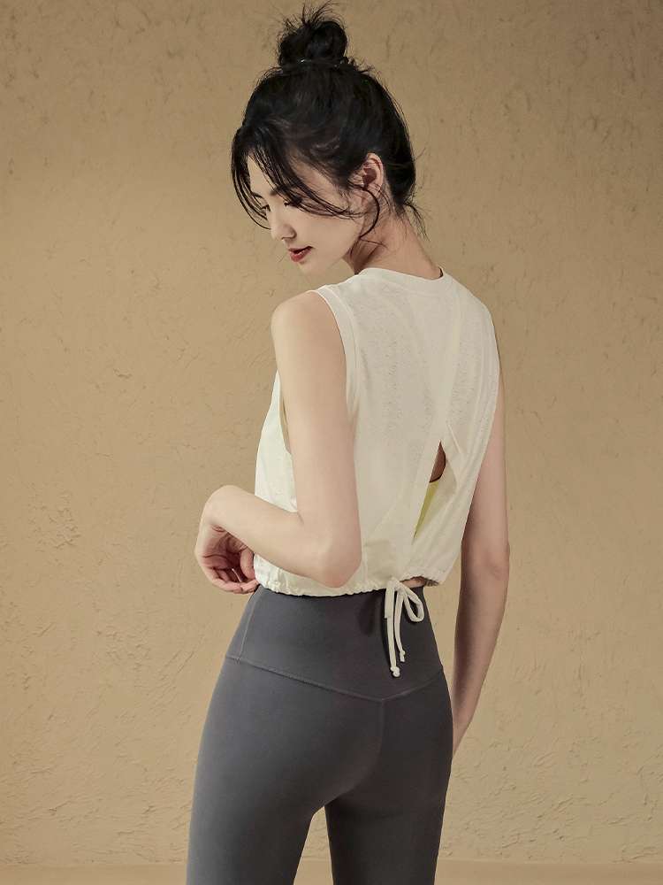 ヨガウェア 背中開きドロストリボン付きヨガタンクトップ