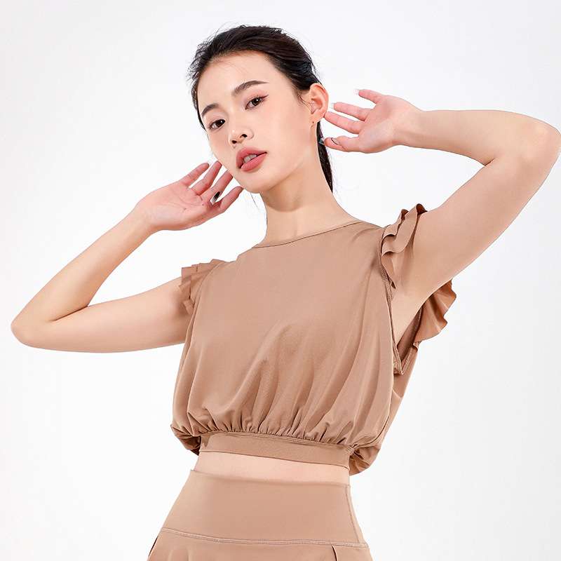 ヨガウェア フリルスリーブクロップドトップス&レギンスセット