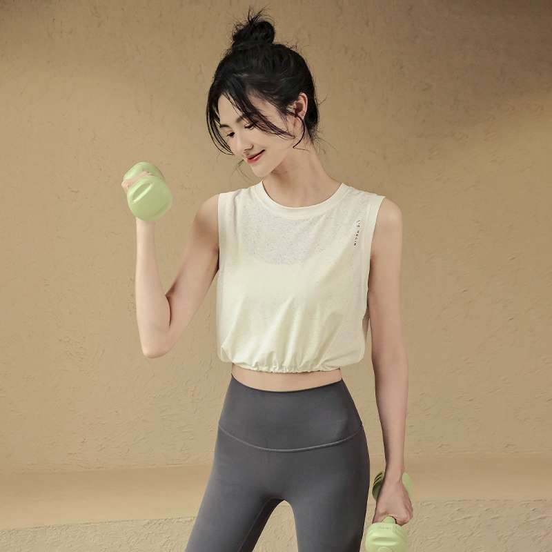 ヨガウェア 背中開きドロストリボン付きヨガタンクトップ