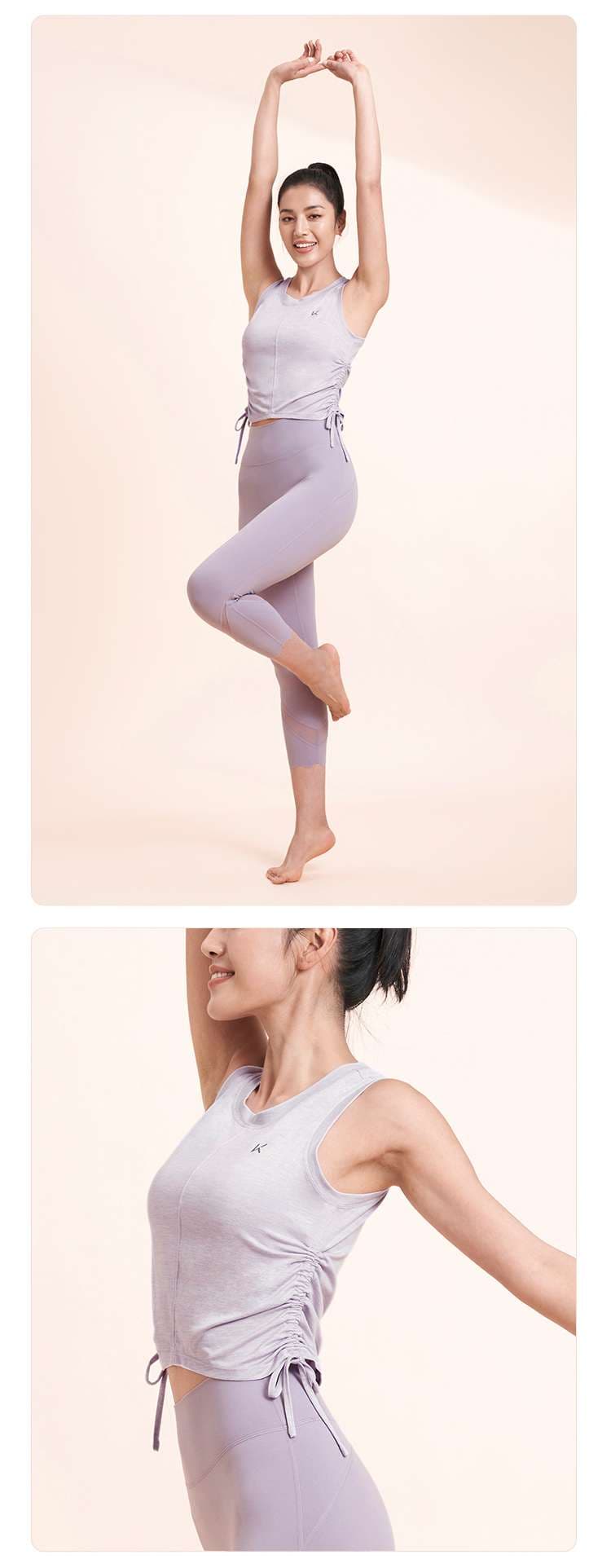 ヨガウェア サイドギャザー調節ストラップ付きタンクトップ