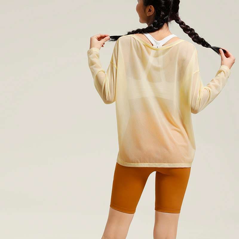 ヨガウェア シースルーメッシュ長袖ヨガトップス