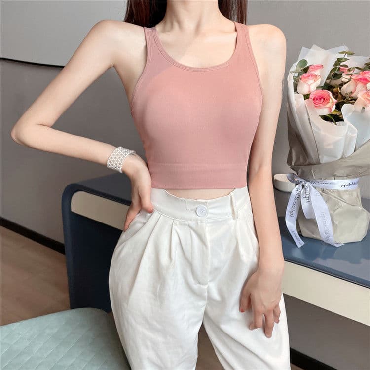 ヨガウェア タンクトップ ノンワイヤーブラカップタンクトップ フリル付きソフトブラトップ