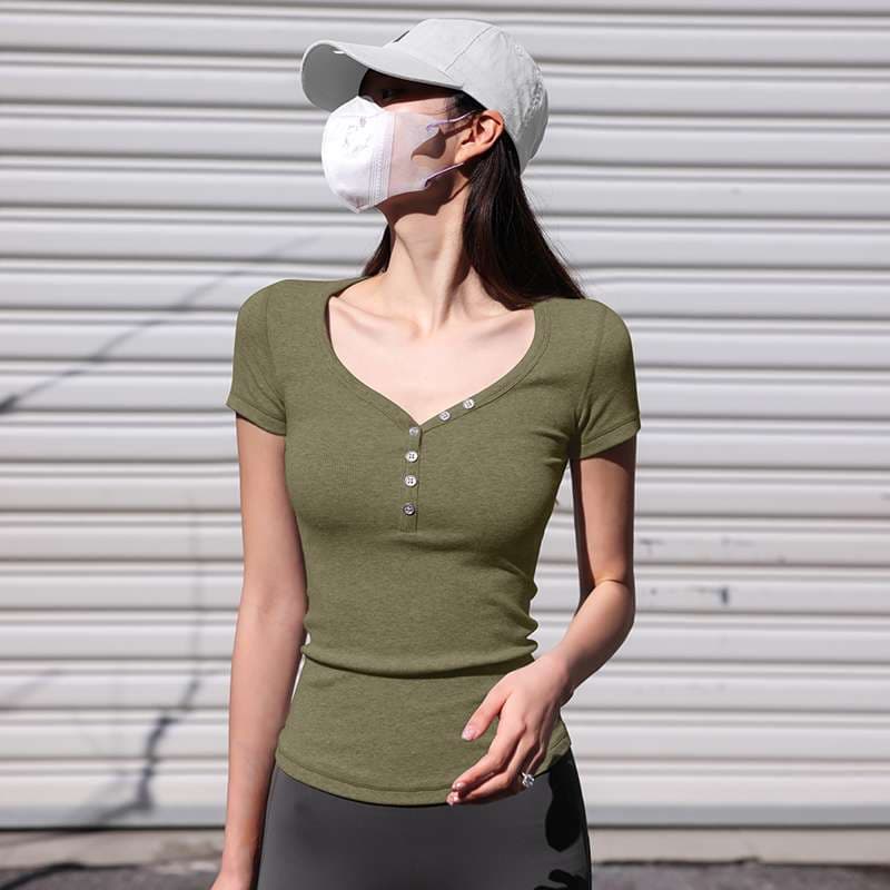 ヨガウェア スリムフィットヘンリーネックTシャツ