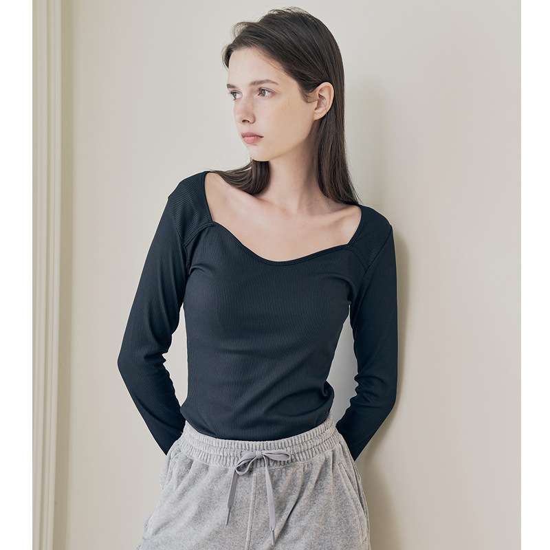 ヨガウェア スクエアネックリブロングスリーブトップス