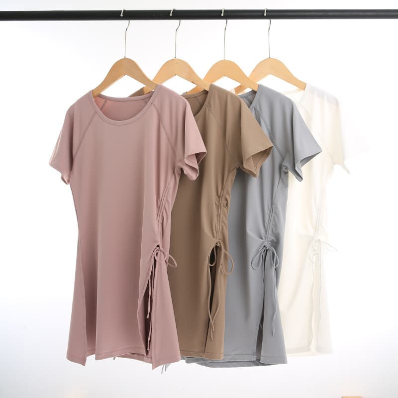 ヨガウェアトップス サイドドローストリング半袖チュニック