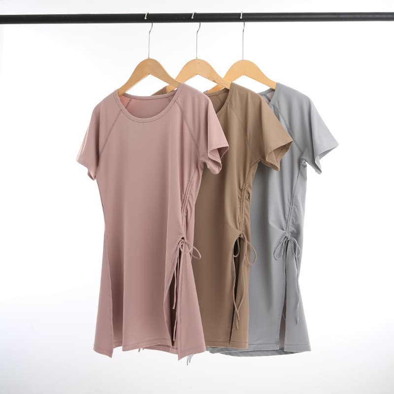 ヨガウェアトップス サイドドローストリング半袖チュニック
