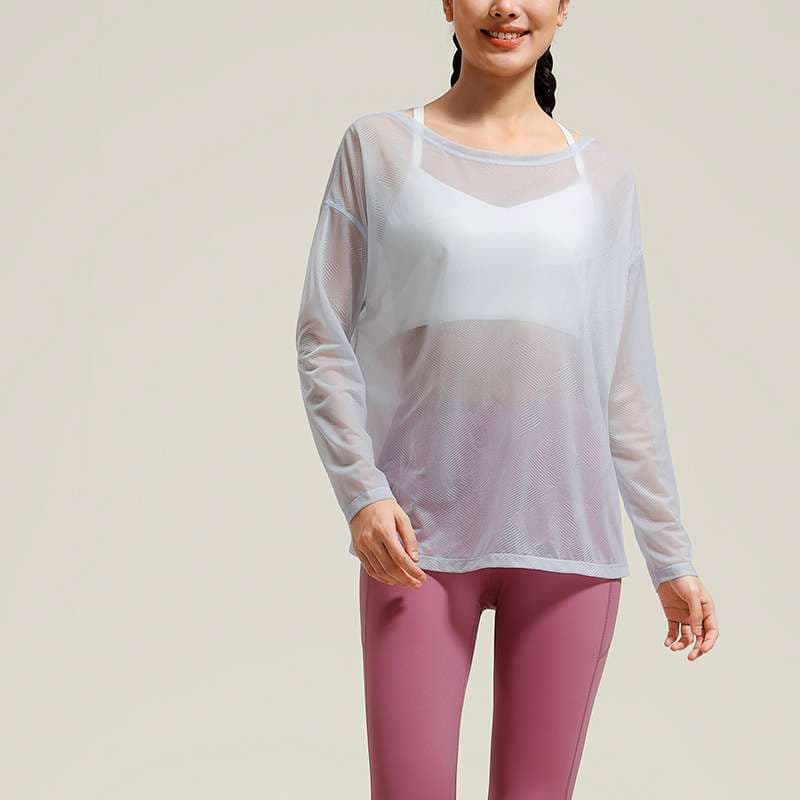 ヨガウェア シースルーメッシュ長袖ヨガトップス
