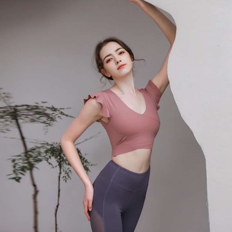 ヨガウェア フリル袖付きクロップドヨガトップス