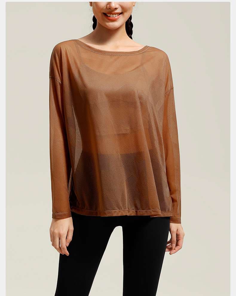 ヨガウェア シースルーメッシュ長袖ヨガトップス