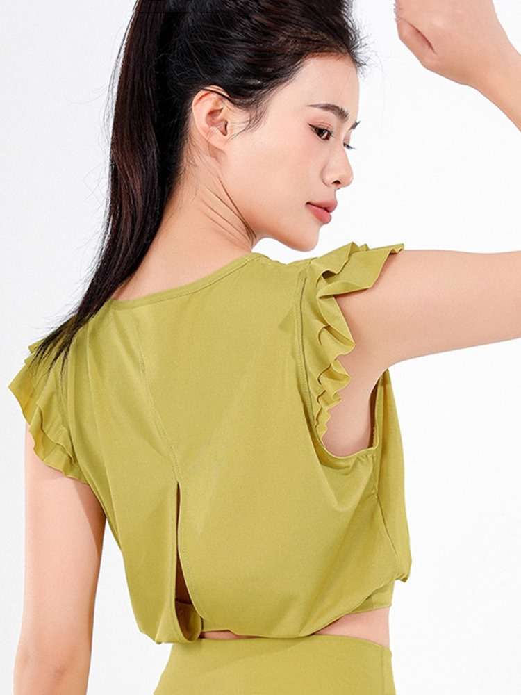 ヨガウェア フリルスリーブクロップドトップス&レギンスセット