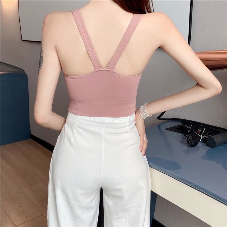 ヨガウェア タンクトップ ノンワイヤーブラカップタンクトップ フリル付きソフトブラトップ