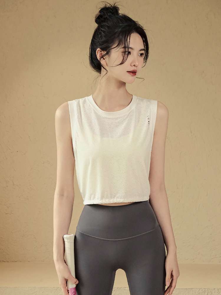 ヨガウェア バックオープンデザイン ドローストリング付きヨガタンクトップ