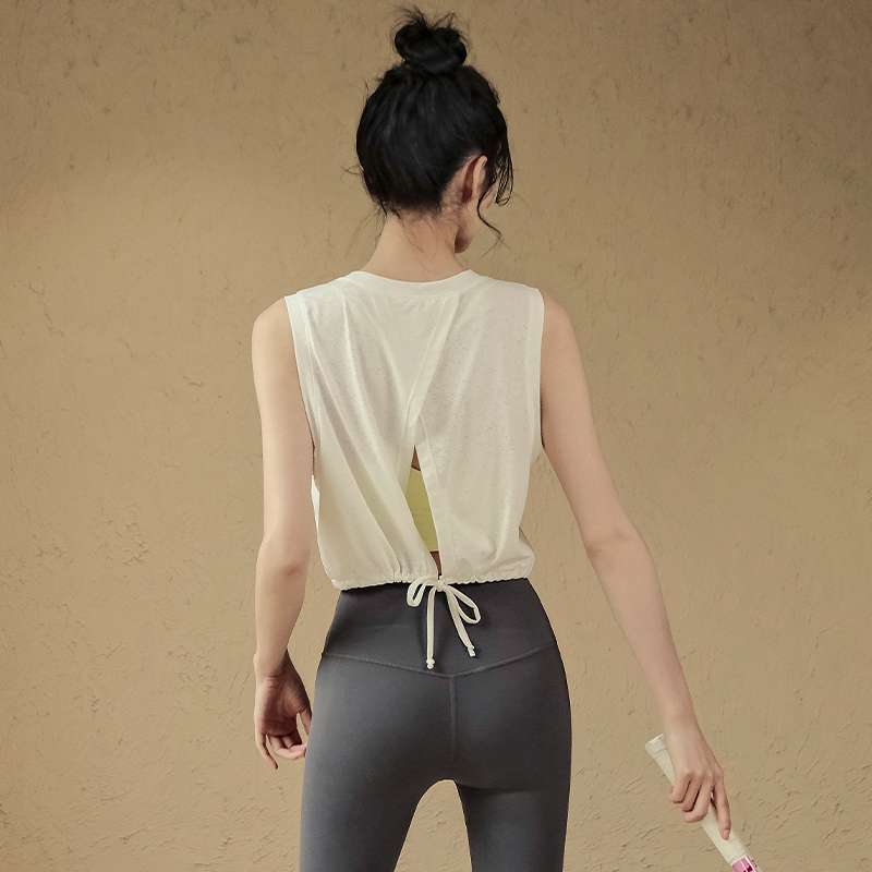ヨガウェア 背中開きドロストリボン付きヨガタンクトップ