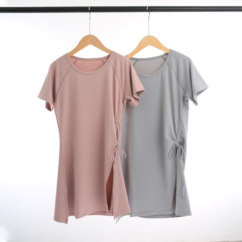 ヨガウェアトップス サイドドローストリング半袖チュニック